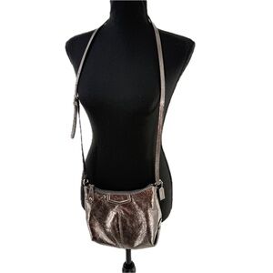 Coach Metallic Pewter Silver Patent Leather Crossbody Bag Poppy Scribble Logo